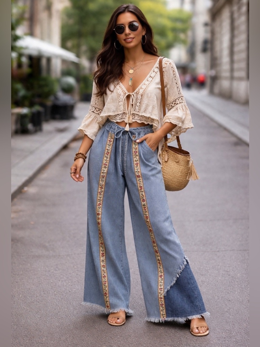 POL Boho Embroidered Wide Leg Pinstriped Jeans M  Floral Festival